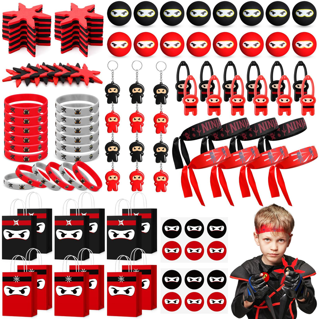 Resholder 128 Ninja Party Favors Include Ninja Paper Bags Bouncy Balls Throwing Favors Flying Slingshot Headbands Silicone Bracelets Keychains Stickers for Birthday Party (Red & Black)