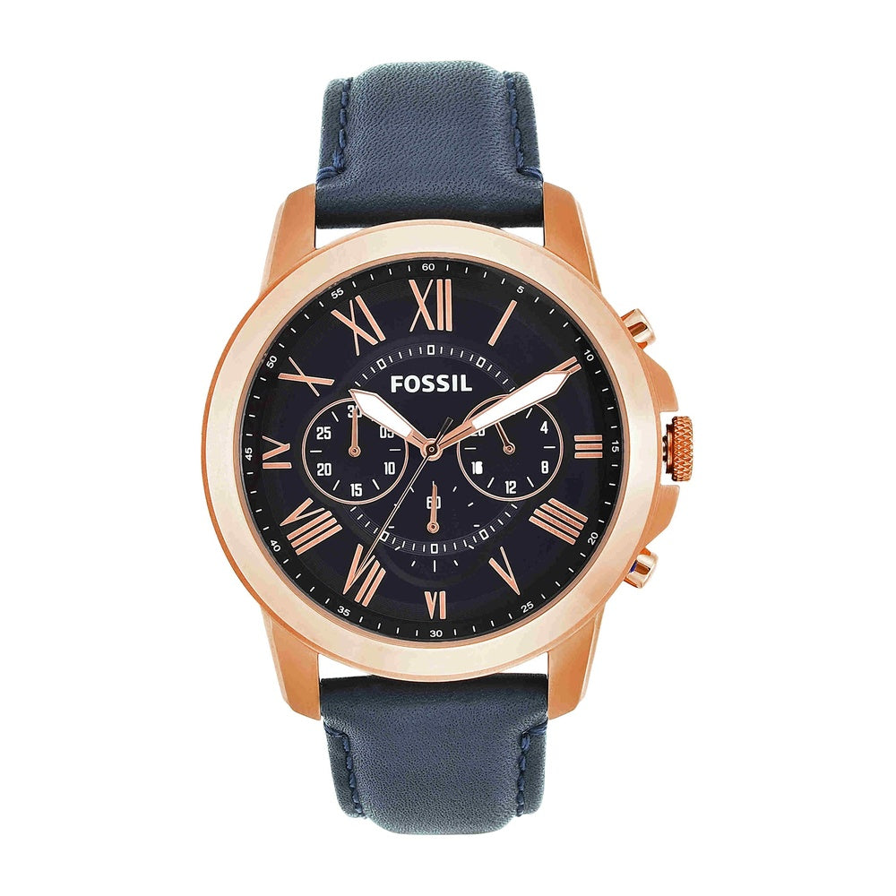 Reloj cronógrafo Fossil Grant para hombre, con correa de cuero azul y esfera de acero inoxidable resistente al agua hasta 165 pies