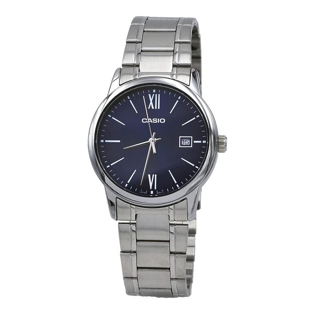 Reloj analógico estándar Casio para hombre con esfera azul, numeración romana y fecha, movimiento de cuarzo