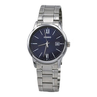 Reloj analógico estándar Casio para hombre con esfera azul, numeración romana y fecha, movimiento de cuarzo