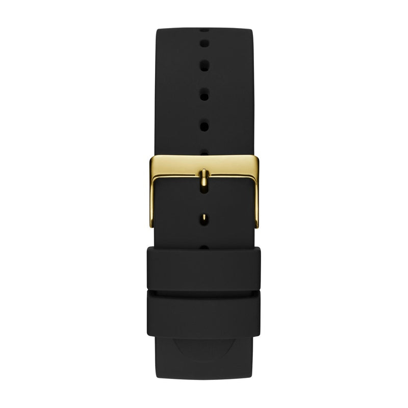 Reloj GUESS con esfera de diamante genuino, caja de acero inoxidable dorado y correa de silicona negra resistente
