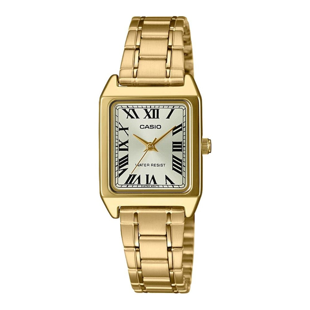 Casio LTP-V007G-9B Reloj para mujer con esfera dorada y números romanos, diseño elegante en acero dorado