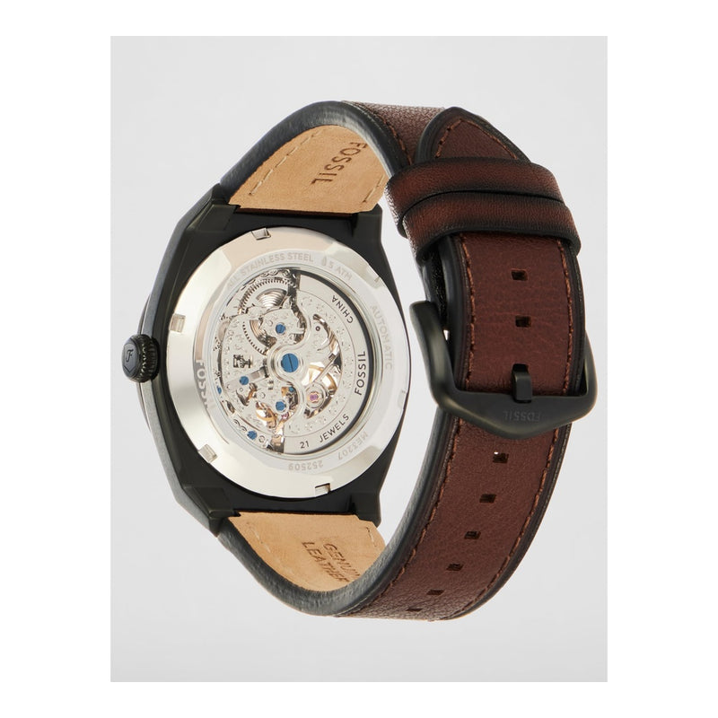 Reloj de Pulsera Automático Fossil Everett en Acero Inoxidable con Correa de Cuero, Esfera Negra y Resistente al Agua
