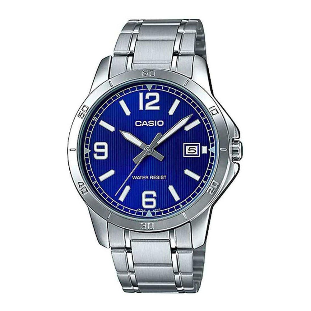 Reloj analógico Casio de acero inoxidable para hombre, cuarzo, esfera azul, resistente al agua, moderno y casual