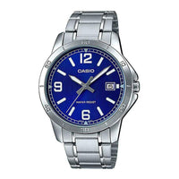 Reloj analógico Casio de acero inoxidable para hombre, cuarzo, esfera azul, resistente al agua, moderno y casual