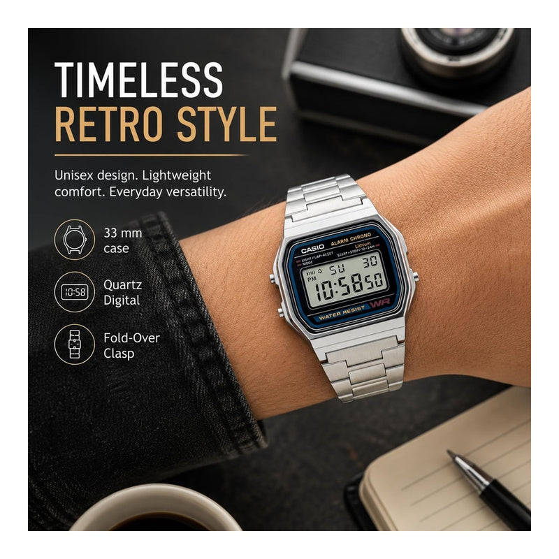 Casio Serie A158WA Reloj digital unisex Vintage con cronómetro alarma diaria WR y luz LED batería de 7 años