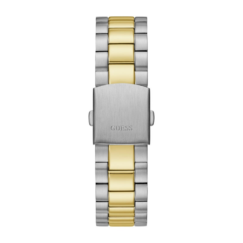 GUESS Reloj para hombre con correa de dos tonos, esfera verde, caja de acero inoxidable, diseño elegante y resistente al agua