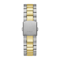 GUESS Reloj para hombre con correa de dos tonos, esfera verde, caja de acero inoxidable, diseño elegante y resistente al agua