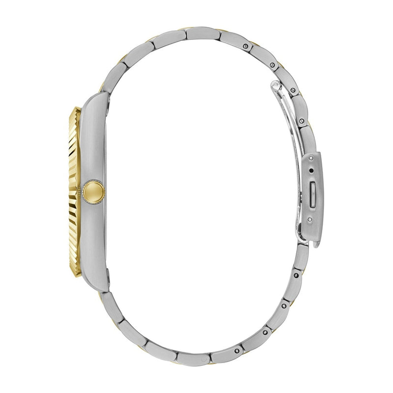 GUESS Reloj para hombre con correa de dos tonos, esfera verde, caja de acero inoxidable, diseño elegante y resistente al agua