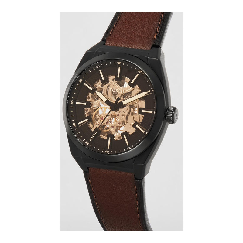Reloj de Pulsera Automático Fossil Everett en Acero Inoxidable con Correa de Cuero, Esfera Negra y Resistente al Agua