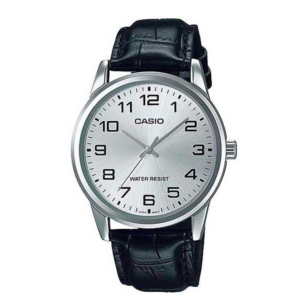 Reloj analógico Casio MTP-V001L-7BUDF para hombre con correa de cuero negro y esfera blanca