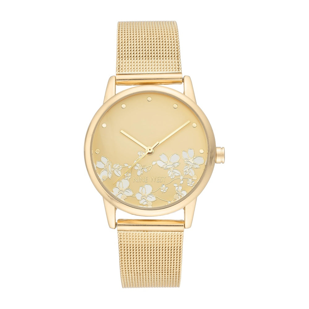 Reloj de pulsera para mujer Nine West en dorado con acero inoxidable, cristal resistente y diseño floral elegante