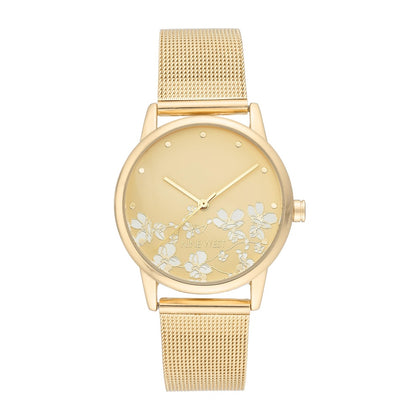 Reloj de pulsera para mujer Nine West en dorado con acero inoxidable, cristal resistente y diseño floral elegante