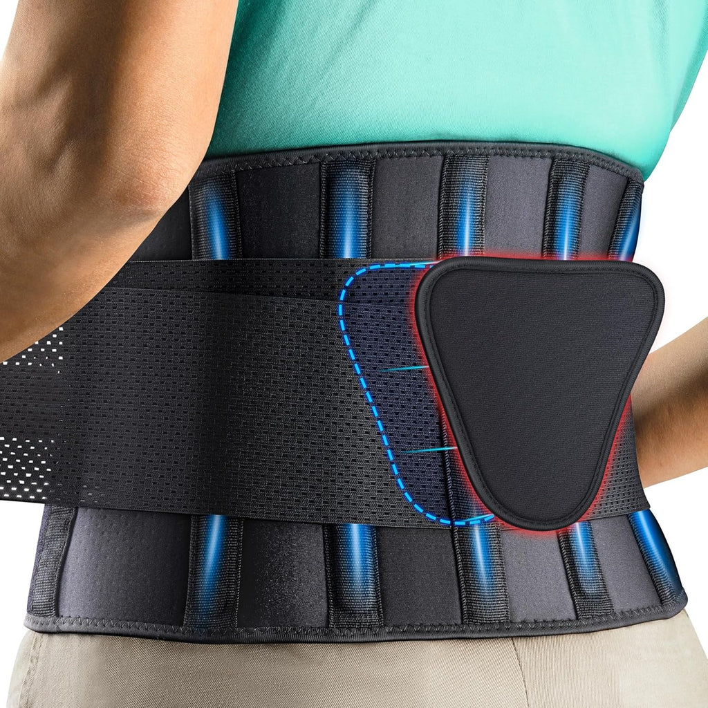 FEATOL - Cinturón de apoyo lumbar, soporte para alivio del dolor de espalda, ciática, escoliosis, hernia de disco, soporte para la espalda baja con tiras ajustables y almohadilla lumbar extraíble