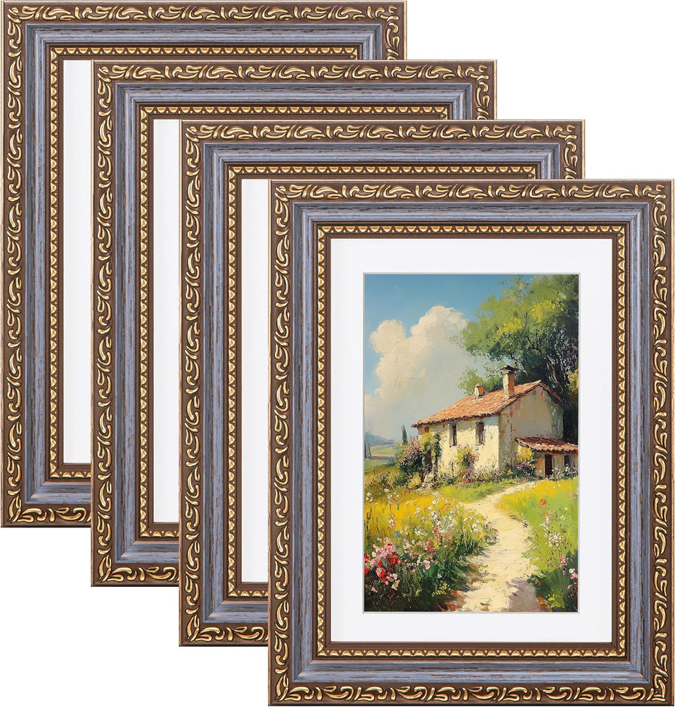 eletecpro 5x7 Vintage Picture Frame, Glass Cover, Blue Gold, 4-Pack