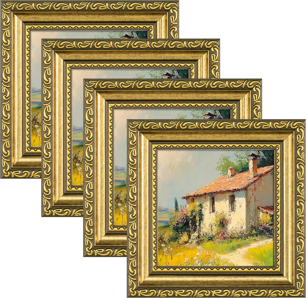 eletecpro 4x4 Vintage Picture Frame, Glass Cover, Gold, 4-Pack