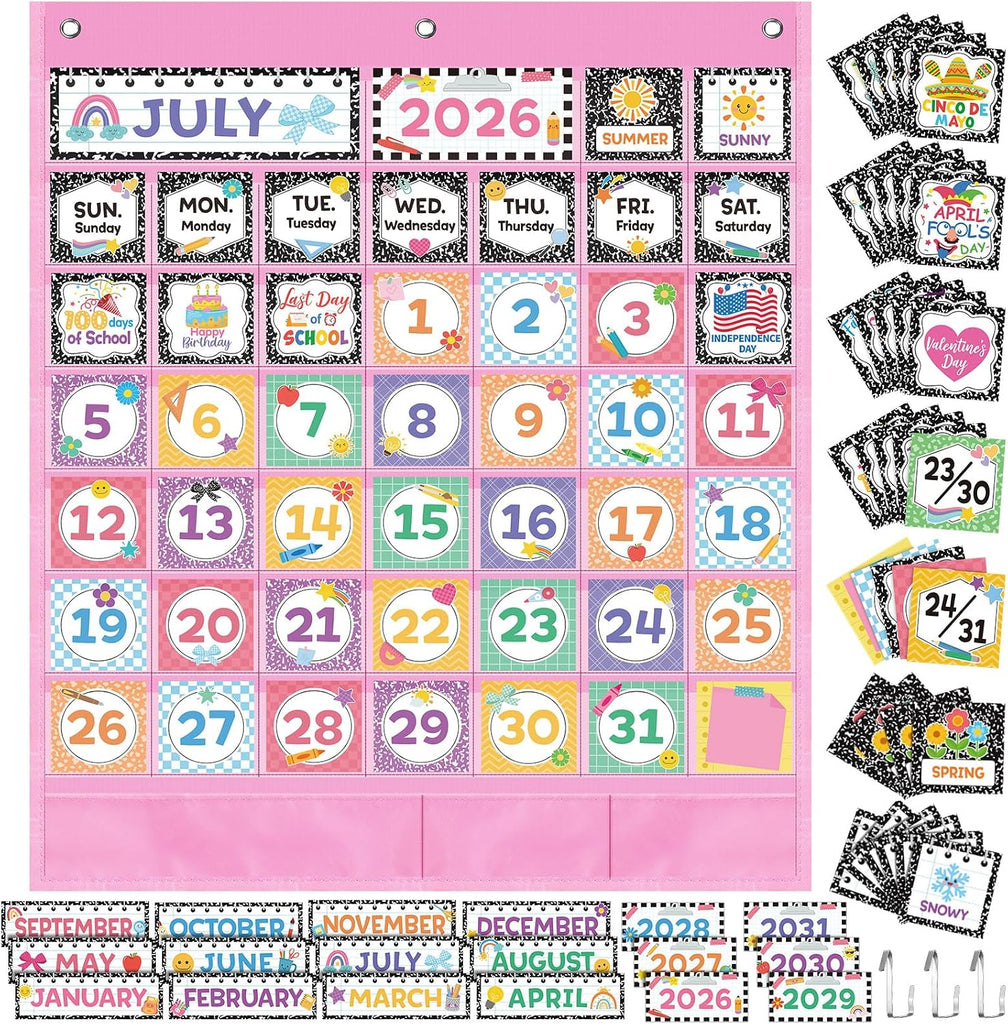 Fulmoon Pink Classroom Pocket Calendar Chart Set with Date Weather Season