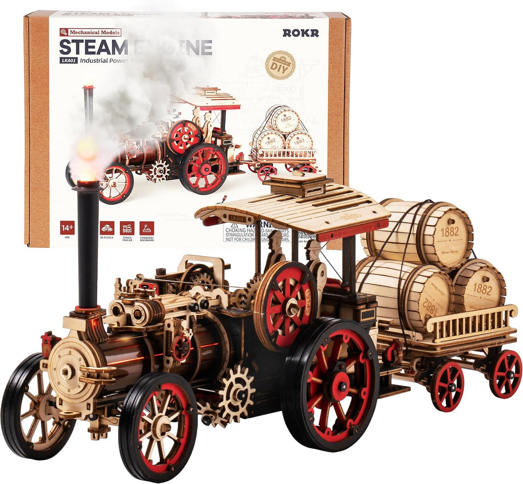 ROKR 3D Puzzle for Adults 469pcs Electric Vintage Car Steam Engine Model Kits, Mechanical Wooden Assembly Puzzles Vehicl