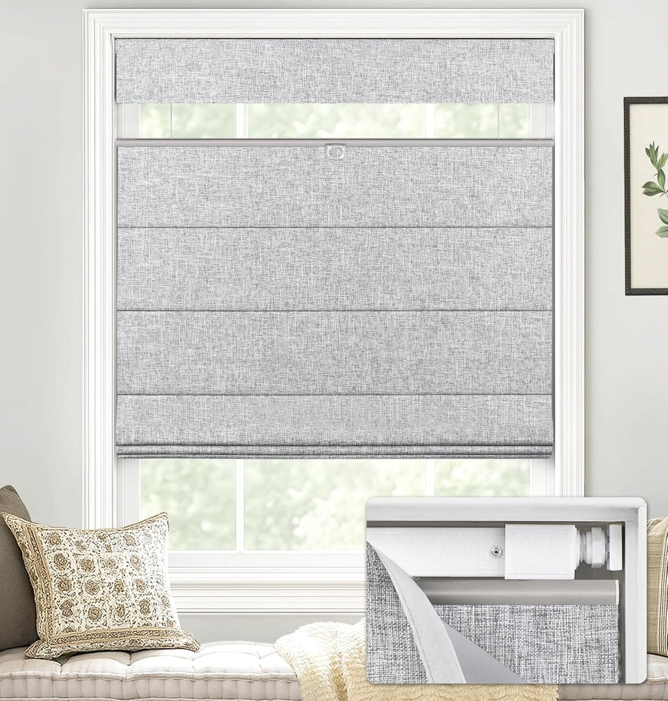LazBlinds No Drill TDBU Roman Shades, Blackout - Grey, 27" W x 64" H