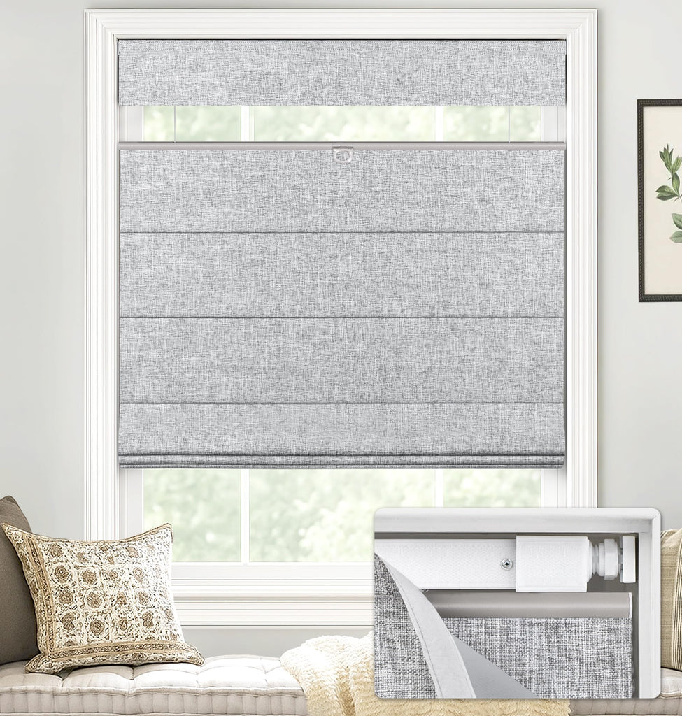 LazBlinds No Drill TDBU Roman Shades, Blackout - Grey, 48" W x 64" H