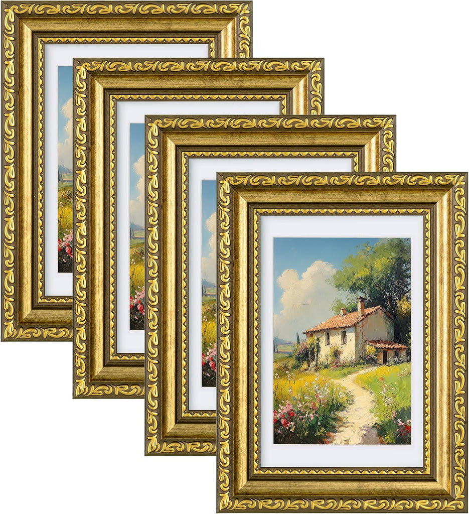 eletecpro 4x6 Vintage Picture Frame, Glass Cover, Gold, 4-Pack