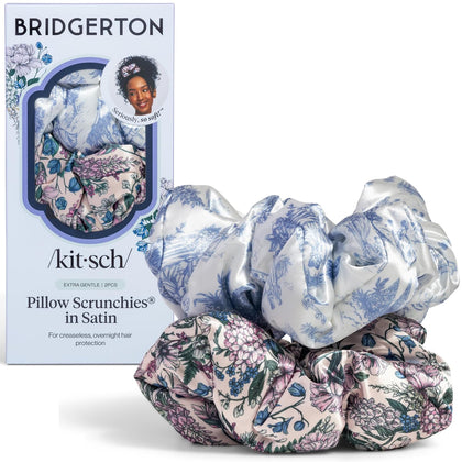 Bridgerton x Kitsch Satin Scrunchies for Women - Toile De Blue, 2pcs