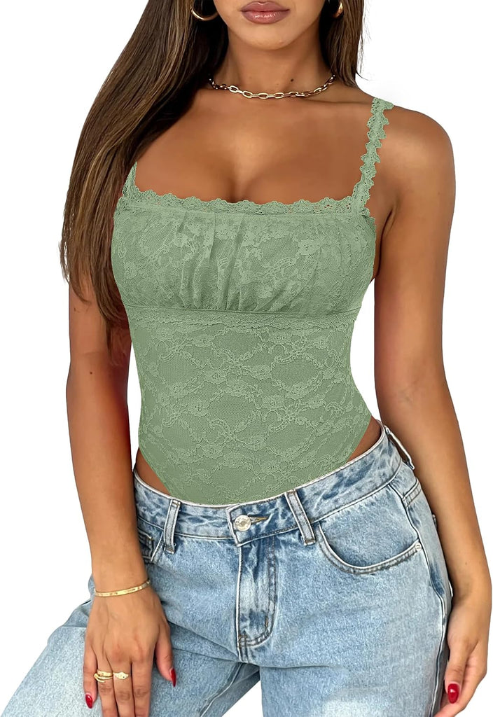 Saslax Women's Lace Bodysuit Sleeveless Double Lined Thong Body Suit Square Neck Going Out Summer Concert Club Outfits O