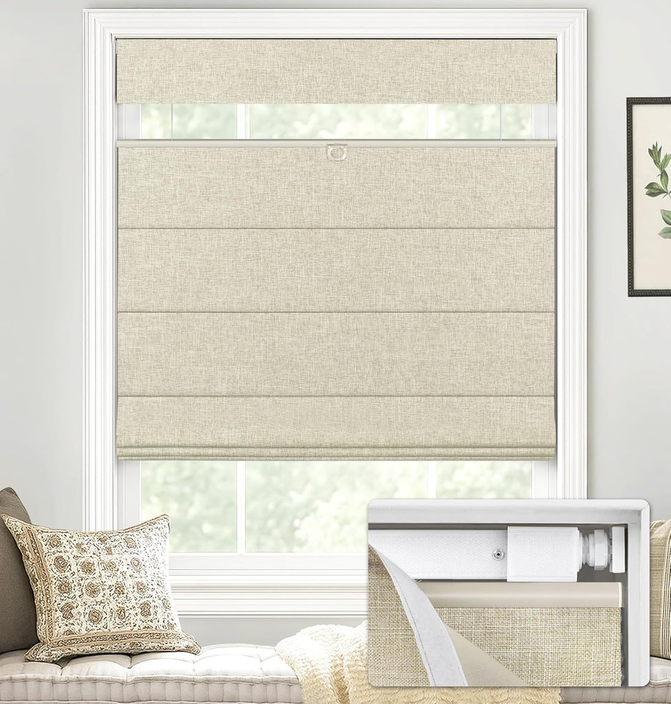 LazBlinds No Drill TDBU Roman Shades, Blackout - Beige, 20" W x 72" H