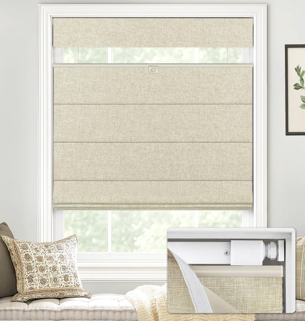 LazBlinds No Drill TDBU Roman Shades, Blackout - Beige, 27" W x 48" H