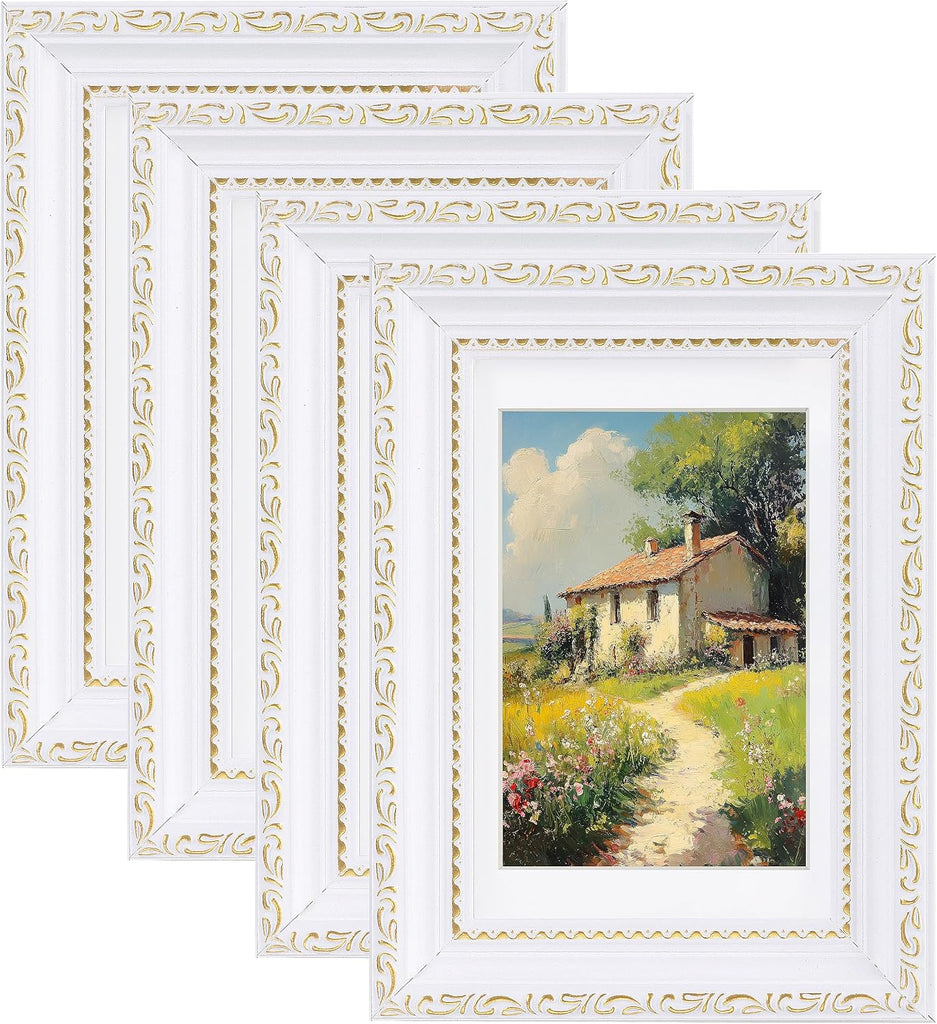 eletecpro 4x6 Vintage Picture Frame, Glass Cover, White, 4-Pack