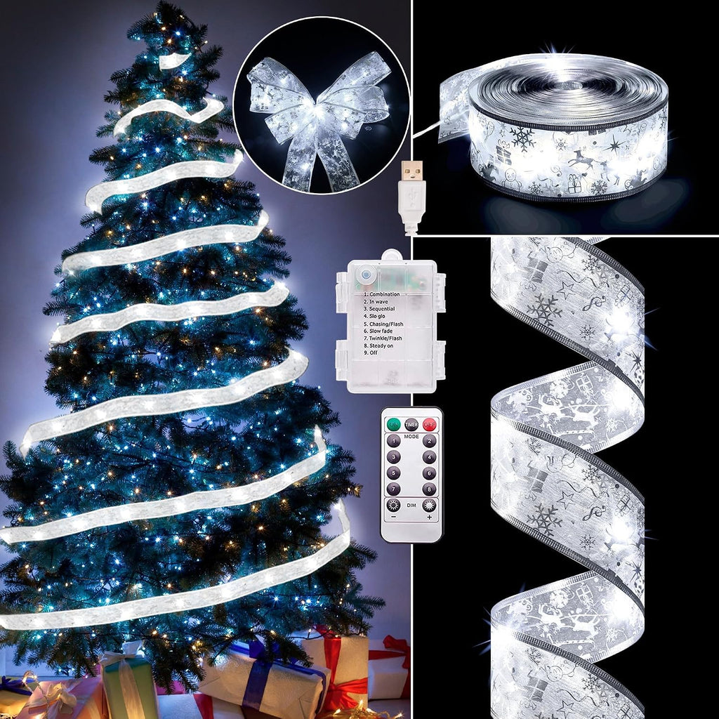 Vimorg Christmas Decorations - 2.5Inch x 66Ft 200 Led Christmas Tree Ribbon Lights with 8 Lighting Modes, Battery Operated & USB Powered Fairy String Lights with Timer for Xmas Tree Decor