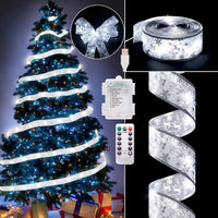 Vimorg Christmas Decorations - 2.5Inch x 66Ft 200 Led Christmas Tree Ribbon Lights with 8 Lighting Modes, Battery Operated & USB Powered Fairy String Lights with Timer for Xmas Tree Decor