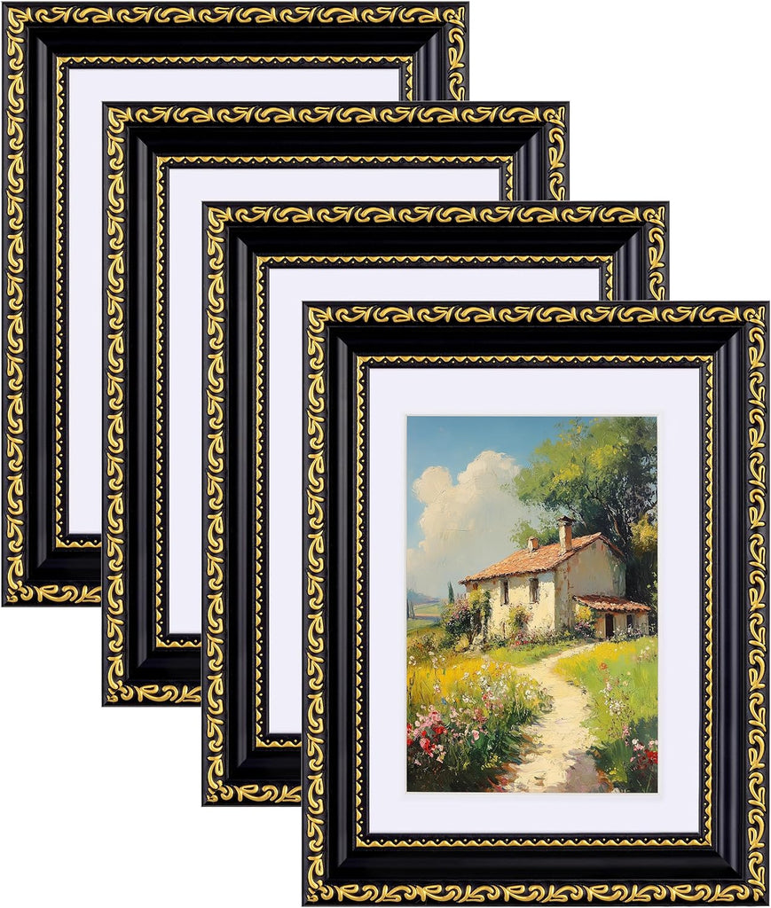 eletecpro 5x7 Vintage Picture Frame, Glass Cover, Black Gold, 4-Pack
