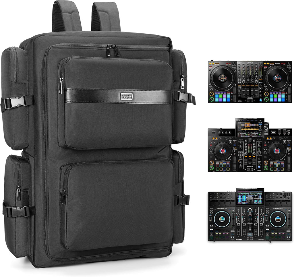 Rabjen DJ Backpack for Club Gigs, DJ Mixer Case Compatible with Pioneer DDJ-REV7, Pioneer DDJ-RX, Denon DJ SC LIVE 4, No