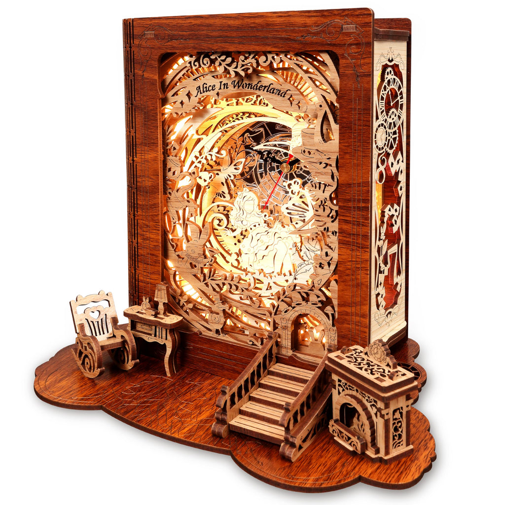 FUNPOLA Alice in Wonderland LED 3D Puzzle Nightlight - DIY Book Lamp with Clock - 3D Wood Puzzles Nightlight Home Décor