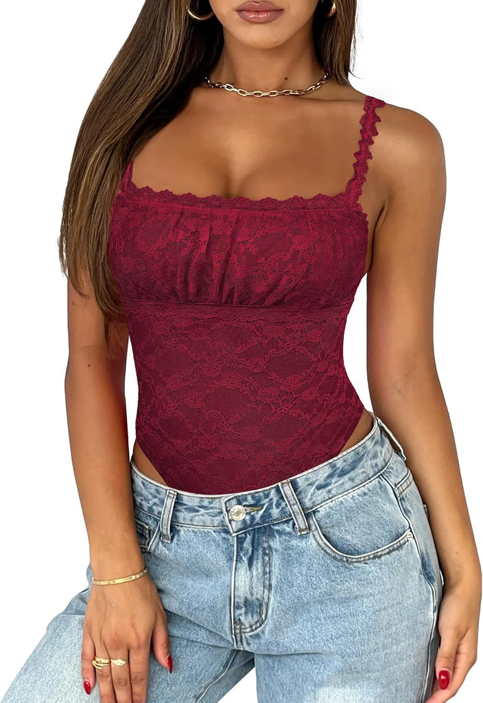 Saslax Women's Sexy Square Neck Lace Sleeveless Bodysuit Tank Tops Double Lined Body Suit Thong Outfits Burgundy XL