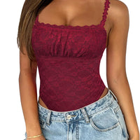 Saslax Women's Sexy Square Neck Lace Sleeveless Bodysuit Tank Tops Double Lined Body Suit Thong Outfits Burgundy XL