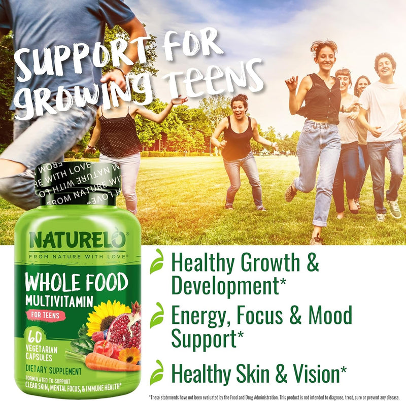 NATURELO NATURELO Multivitaminas para Adolescentes Niñas/Niños, 60 Cápsulas, Multivitamínico de Alimentos Integrales con Minerales, Sin OMG, Vegetariano