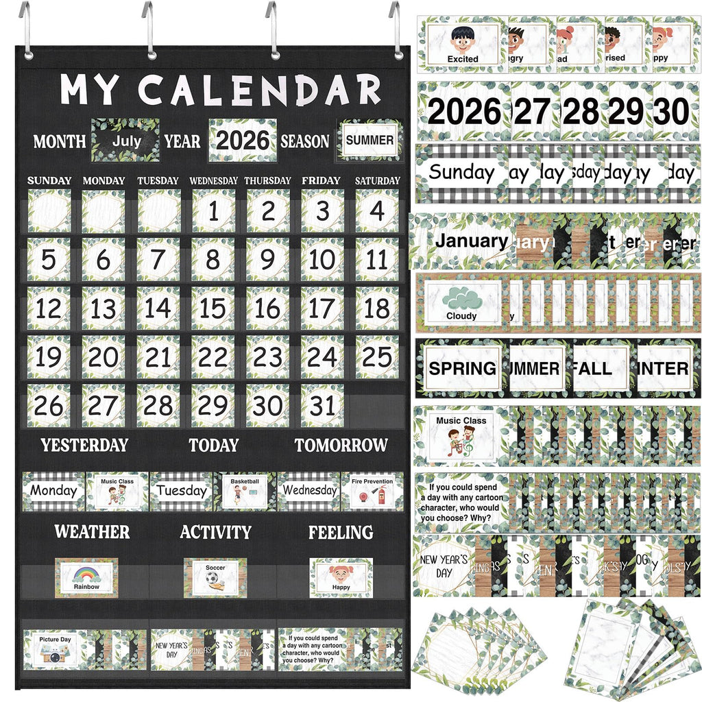 Fulmoon Classroom Calendar Pocket Chart Set Calendar Bulletin Board Set with Pocket Seasons Festival Weather Calendar Pocket Chart for Back to School Classroom Decoration Supplies(Eucalyptus)