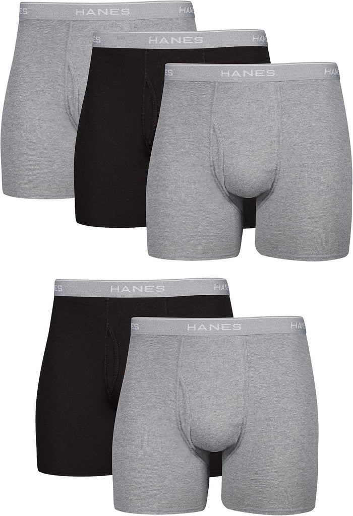 Hanes Men's Boxer Soft Breathable Cotton ComfortFlex Waistband, Multipack Brief Underwear, 5 Pack - Black/Gray, X-Large
