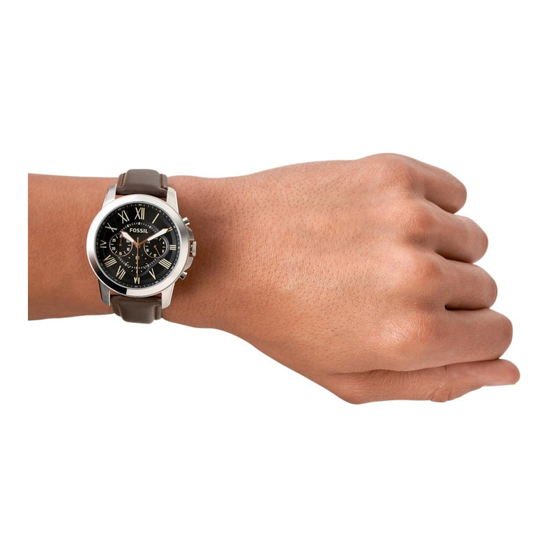 Reloj cronógrafo para hombre de acero inoxidable y cuero negro con detalles dorados, movimiento de cuarzo, modelo Grant