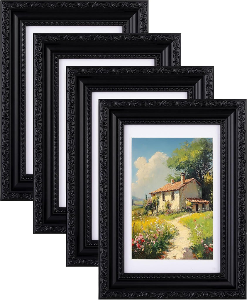 eletecpro 4x6 Vintage Picture Frame, Glass Cover, Black, 4-Pack
