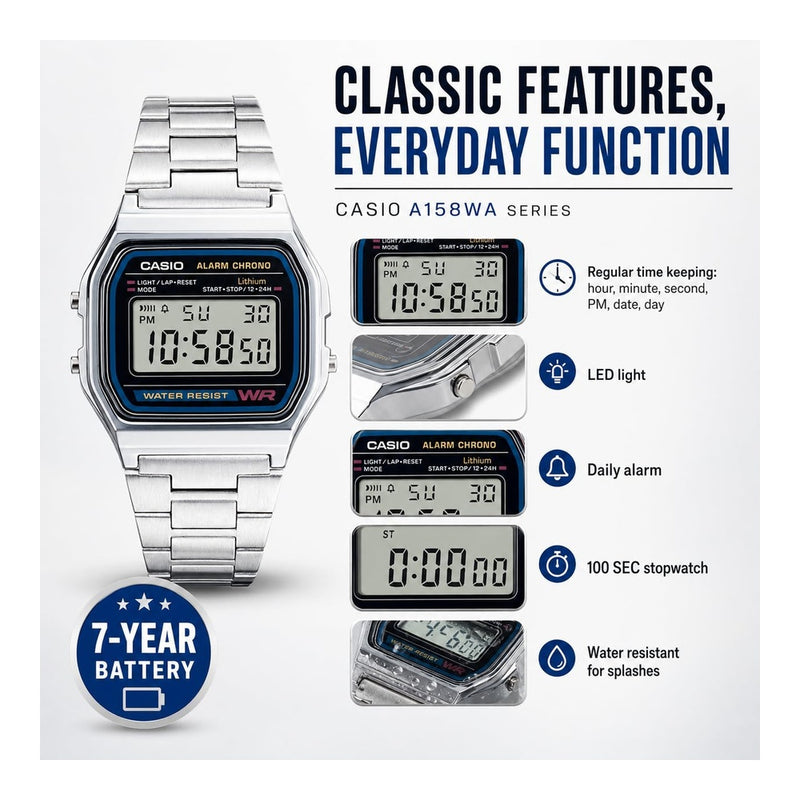 Casio Serie A158WA Reloj digital unisex Vintage con cronómetro alarma diaria WR y luz LED batería de 7 años