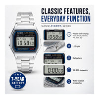 Casio Serie A158WA Reloj digital unisex Vintage con cronómetro alarma diaria WR y luz LED batería de 7 años