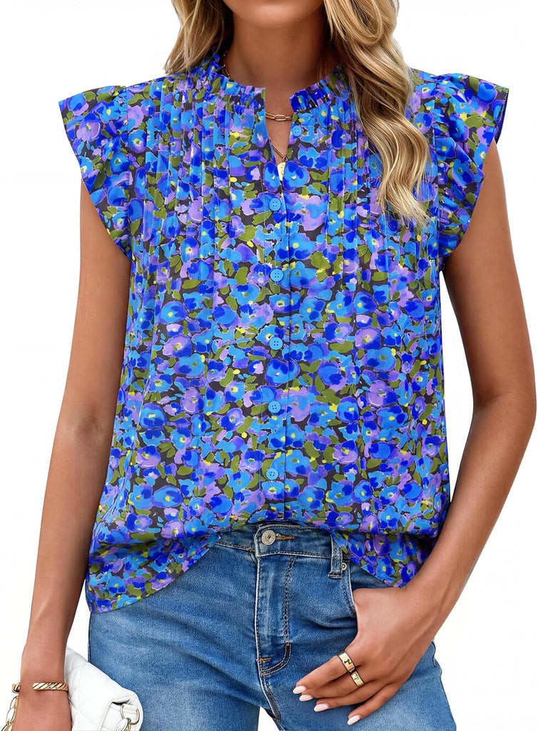 PRETTYGARDEN Women Button Down Boho Shirts Floral Ruffle Cap Sleeve Mock Neck Flowy Casual Summer Blouses Tops (Floral P