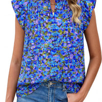 PRETTYGARDEN Women Button Down Boho Shirts Floral Ruffle Cap Sleeve Mock Neck Flowy Casual Summer Blouses Tops (Floral P