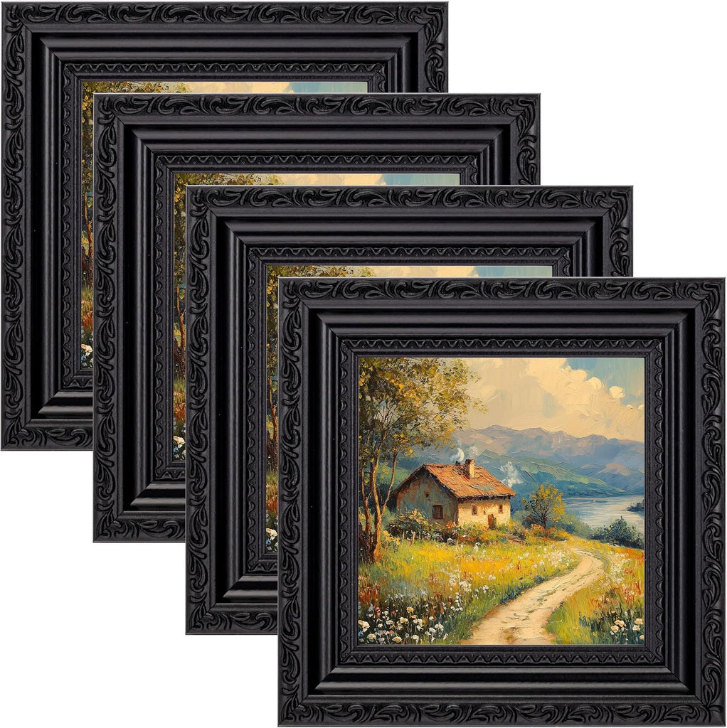 eletecpro 4x4 Vintage Picture Frame, Glass Cover, Black, 4-Pack