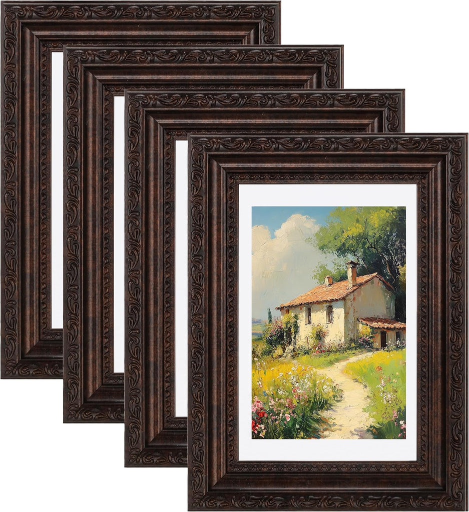 eletecpro 5x7 Vintage Picture Frame, Glass Cover, Brown, 4-Pack