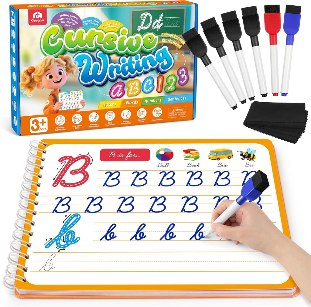 Coogam Magic Practice Copybook for Kids Age 3-12, Dry-Erase Writing Practice Book - Cursive Handwriting Aid With Alphabe