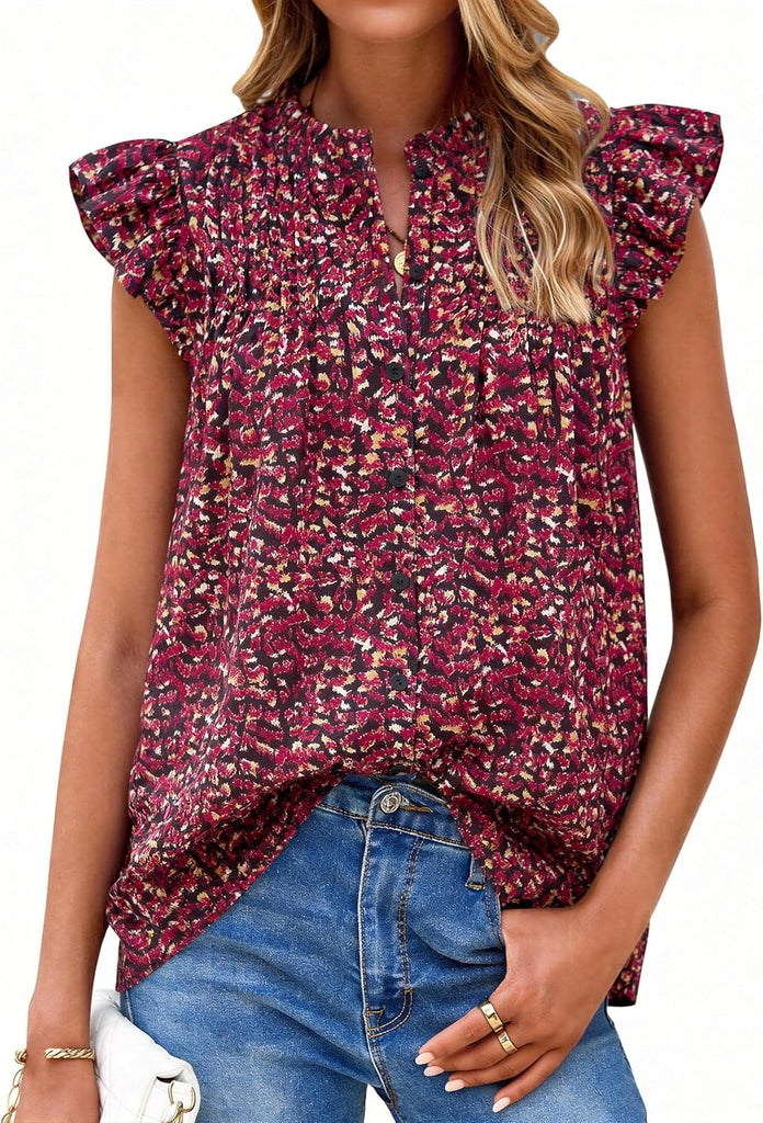 PRETTYGARDEN Women Button Down Boho Shirts Floral Ruffle Cap Sleeve Mock Neck Flowy Casual Summer Blouses Tops (Floral W